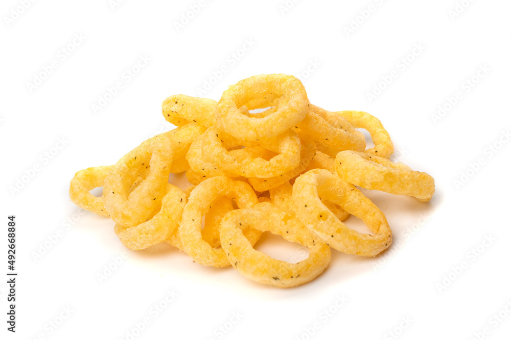 Corn Rings Isolated, Puffs with Spices Corn Rings Isolated, Puffs with Spices