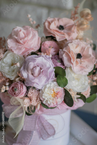 Preserved flowers bouquet closeup. Eternal, stabilized, forever rose flower.