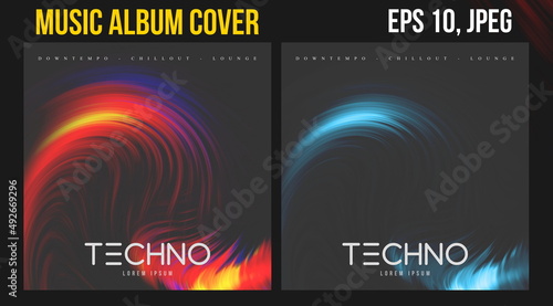 Music Album Cover Art. Abstract Vector Design of CD Cover and Vinyl Record. Electronic Music Album Presentation. Futuristic Color Visual Elements. Geometric Motion Background and Texture.