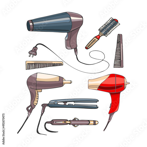 hairdryer, comb, curling iron, color salon set hairdryer, comb, curling iron, salon set, isolated hair care items, graphics, hand drawing, design, beauty salon symbols