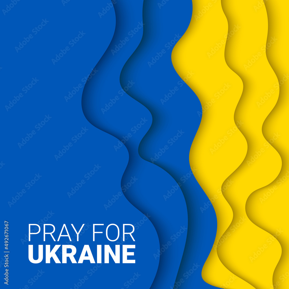 Vector banner with paper cut illustration, typography design element for decoration, prints and posters. Pray for Ukraine with Ukrainian flag. No war, stop war concept.