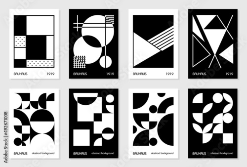 Set of 8 minimal vintage 20s geometric design posters, wall art, template, layout with primitive shapes elements. Bauhaus retro pattern background, vector abstract circle, triangle and square line art