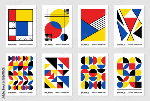 Set of 8 minimal vintage 20s geometric design posters, wall art, template, layout with primitive shapes elements. Bauhaus retro pattern background, vector abstract circle, triangle and square line art