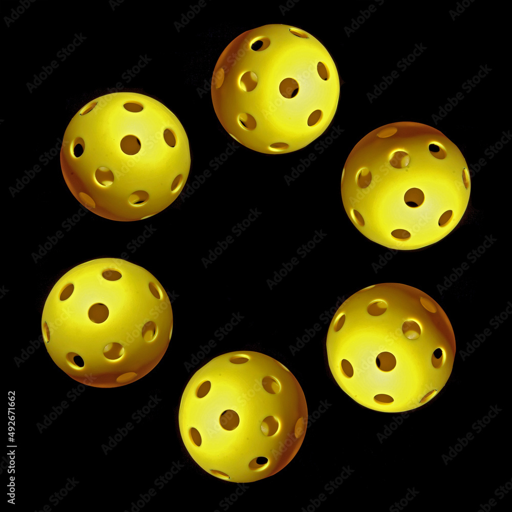 Pickleball 6 circle in black. Six yellow Pickleballs in a circle with black background. Pickleball 6 circle in black. Six yellow Pickleballs in a circle with black background.