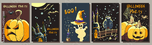 halloween party invitation set set of colorful halloween party invitations, vector image, outline drawing, pumpkin, ghost, owl, spider, bat, castle, traditional symbols