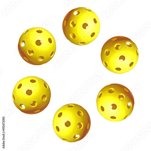 Pickleball Circle 6. Six yellow pickleballs in a circle with white background.