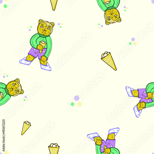 Vector seamless pattern imaging smiling bear dressed in green shirt, violet shorts and snickers and holding an ice-cream, teddy bear, bear cube with shut eyes and a big ice cream in paw, hand.
