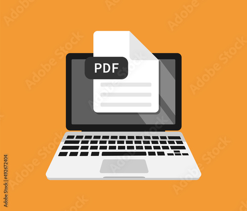 Icon of computer with download pdf document, file format for web. Design of symbol, sign of flat laptop. Vector illustration of button with page sheet, paper type for app, internet technologies. EPS