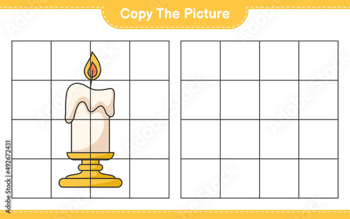 Copy the picture, copy the picture of Candle using grid lines. Educational children game, printable worksheet, vector illustration