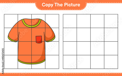 Copy the picture, copy the picture of T-shirt using grid lines. Educational children game, printable worksheet, vector illustration
