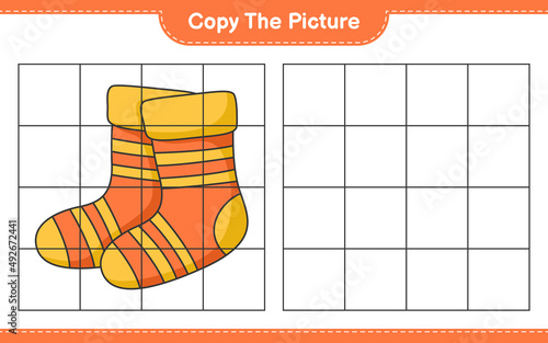 Copy the picture, copy the picture of Socks using grid lines. Educational children game, printable worksheet, vector illustration