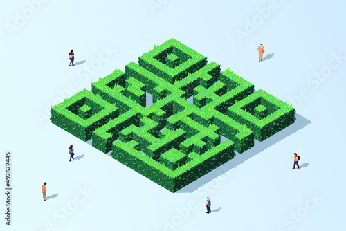 sometric vector. Qr code in the form of a hedge maze in 3d. The concept of a new reality in life and business. Look for sales ideas during the coronavirus pandemic. People against vaccination 