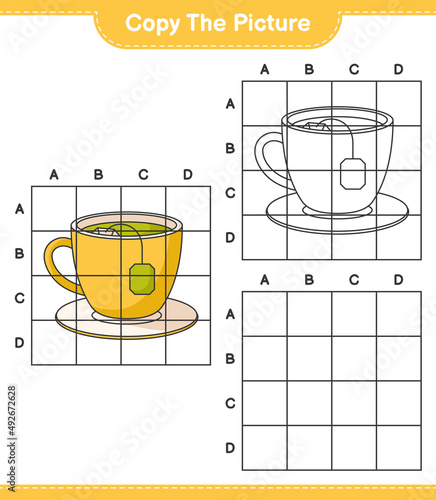 Copy the picture, copy the picture of Tea Cup using grid lines. Educational children game, printable worksheet, vector illustration
