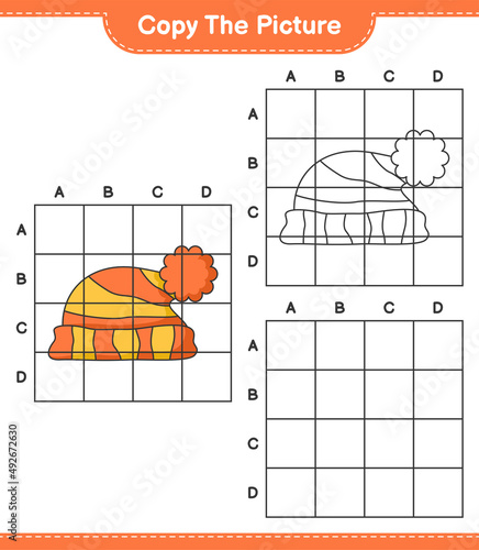 Copy the picture, copy the picture of Hat using grid lines. Educational children game, printable worksheet, vector illustration