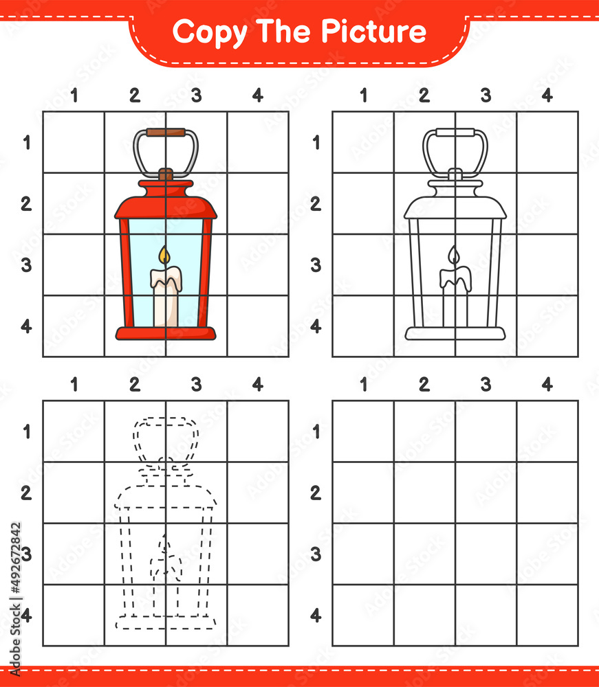 Copy the picture, copy the picture of Lantern using grid lines. Educational children game, printable worksheet, vector illustration
