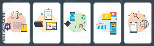 Concepts of security analysis, project management, performance analysis and application development. Flat design icons in vector illustration.