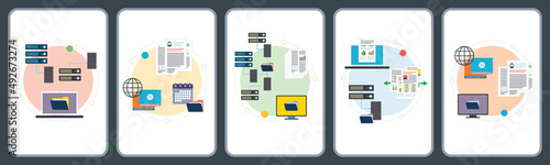 Network, computer, storage and file transfer icons. Concepts of