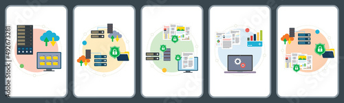 Mainframe, computer, cloud storage, big data, security and protection icons.