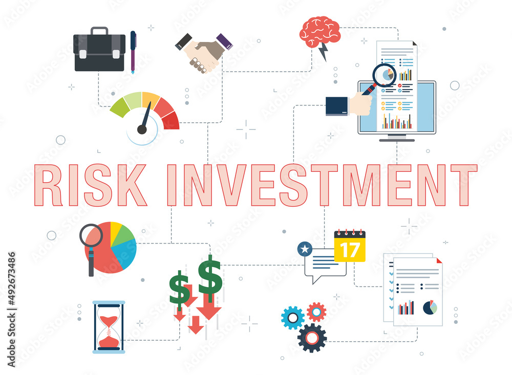 Naklejka premium Investment, risk, performance, business, finance and opportunity icons. Concepts of measuring success, smart investment, risk investment and investment document.