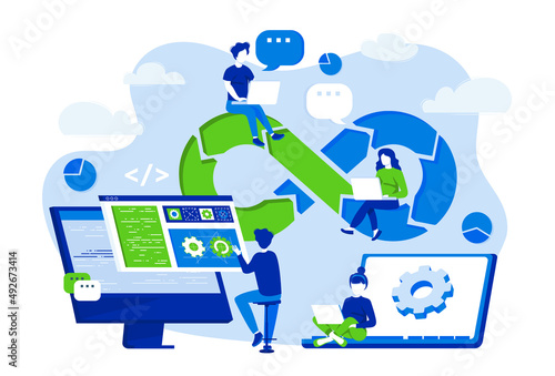 DevOps developers work with computers scene. DevOps engineers web design with people. Development operations composition in flat style. Vector illustration for social media promotional materials.