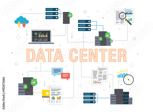 Cloud computing, mining, server, database and data icons. Concepts of cloud computing, data mining, server database and data center. 