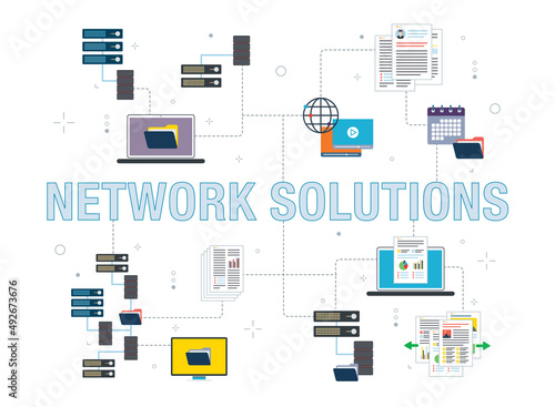 Network, computer, storage and file transfer icons. Concepts of network solutions, computer files, storage computer and file transfer. 