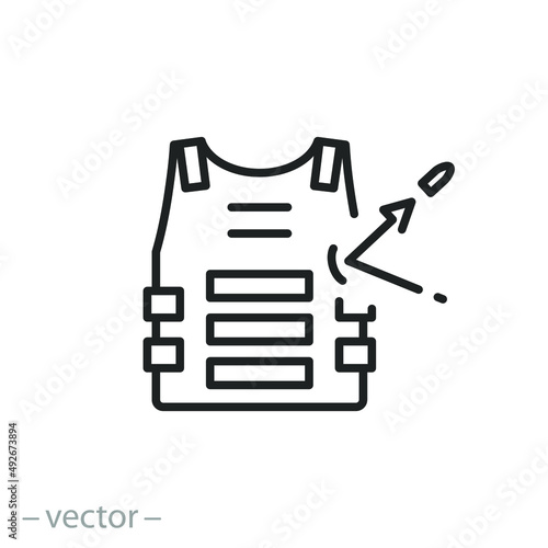 bulletproof jacket icon, military body armor, proof vest, thin line symbol on white background - editable stroke vector illustration