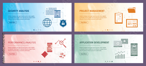 Security, analysis, project, management, performance and development icons. Concepts of security analysis, project management, performance analysis and application development.