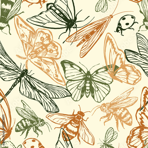 Flying insects vector seamless pattern. Hand drawn illustration of bugs, butterflies, dragonfly, moth, ladybug, bees. Retro style ornament for design background, decor, wallpaper.