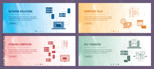 Network, computer, storage and file transfer icons. Concepts of network solutions, computer files, storage computer and file transfer. 