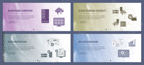 Mainframe, computer, cloud storage, big data, security and protection icons. Concepts of mainframe computer, cloud storage security,  data protection, big data machine.  photo
