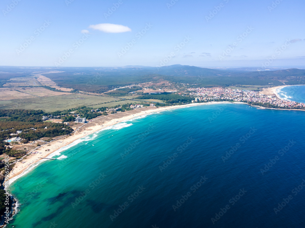Aerial view of Black Sea coast near town of Primorsko, Bulgaria