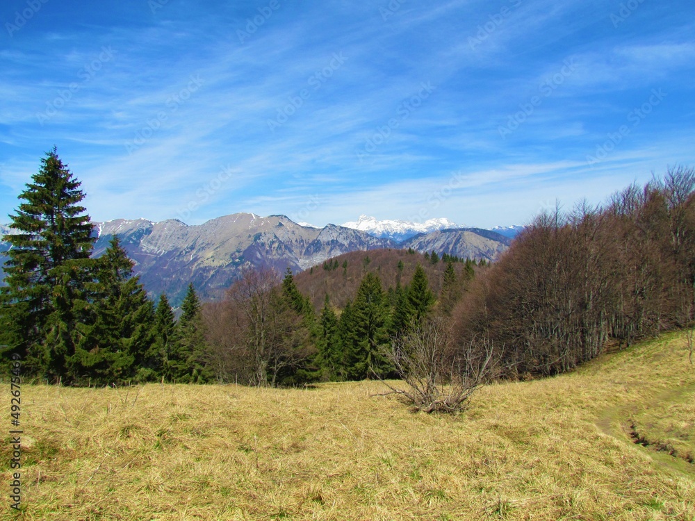 View of mountain Crna Prst in Julian Alps, Slovenia and snow covered peak of Triglav in the back taken from the slopes of mountain Porezen and a dry grass covered meadow in front