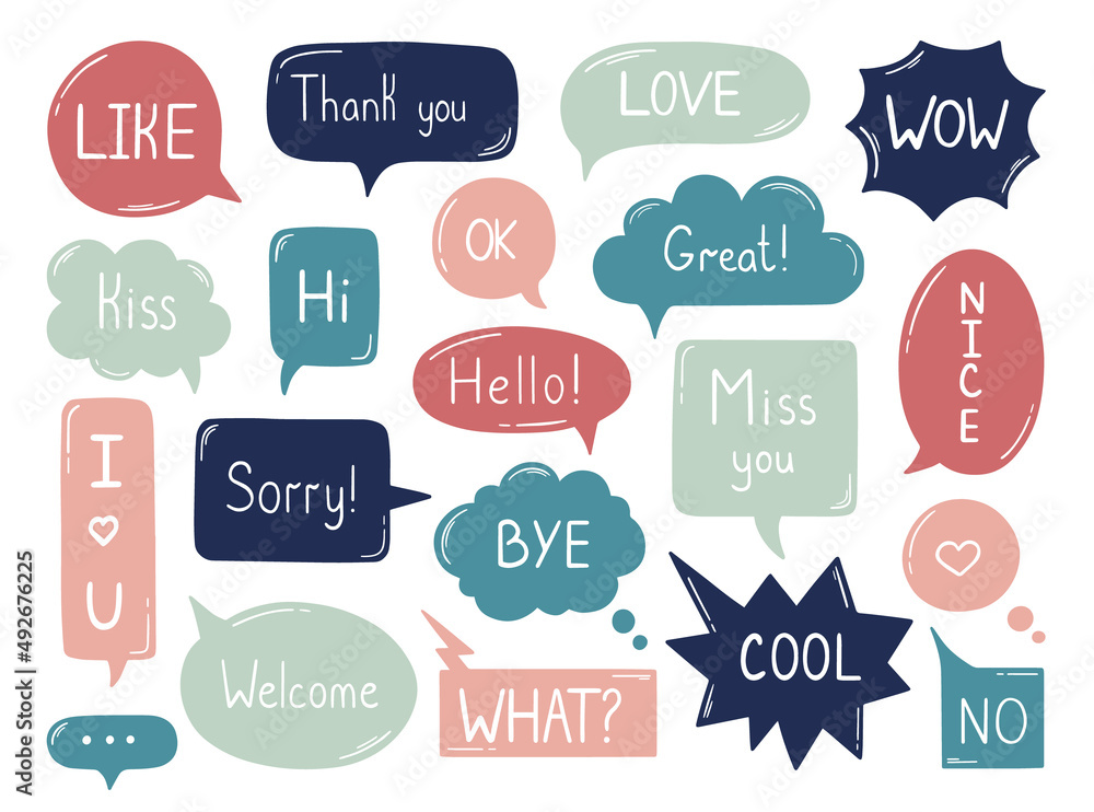 Hand drawn set of speech bubble. Handwritten phrases: ok, yes, thank you, wow, hello, love, sorry. Vector illustration isolated on white background.