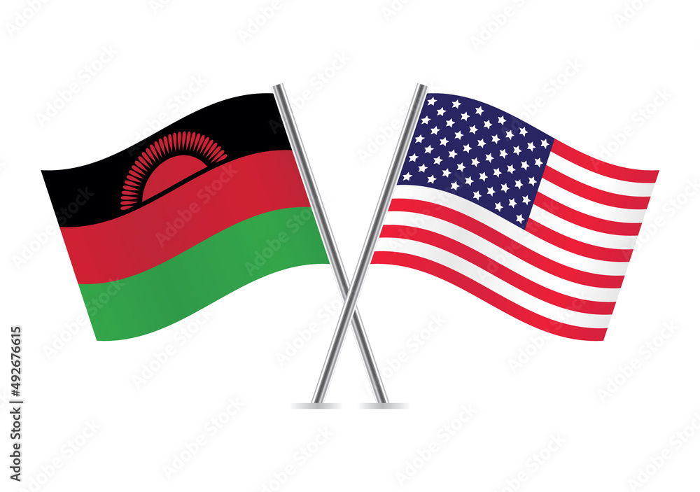 Malawi and America crossed flags. Malawian and American flags, isolated on white background. Vector icon set. Vector illustration.