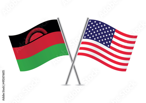 Malawi and America crossed flags. Malawian and American flags, isolated on white background. Vector icon set. Vector illustration.