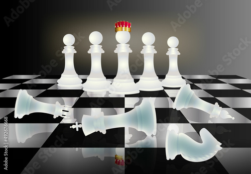 Chess piece on chess board.Chess pawn with crown,fallen king,knight,bishop on floor.Concept of overthrown government with ches