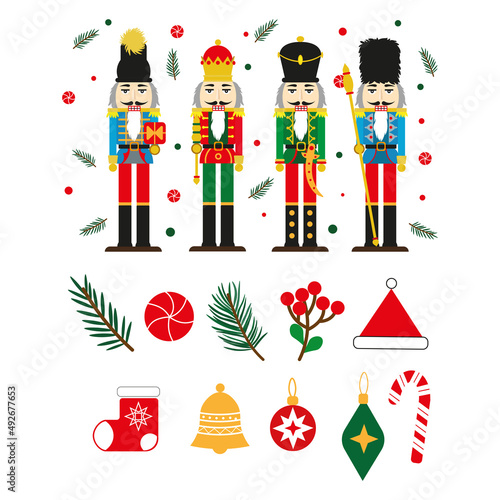A set of nutcrackers and Christmas decorations. Vector graphics. Christmas.