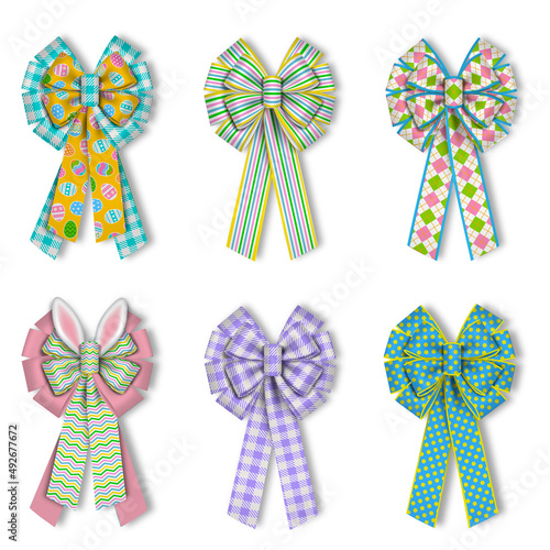 Set of colorful easter bows. Isolated bows with colorful textures and bunny ears