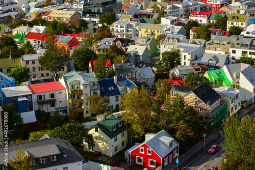 A partial, high-angle view of the colorful buildings of downtown Reykjavík, Iceland