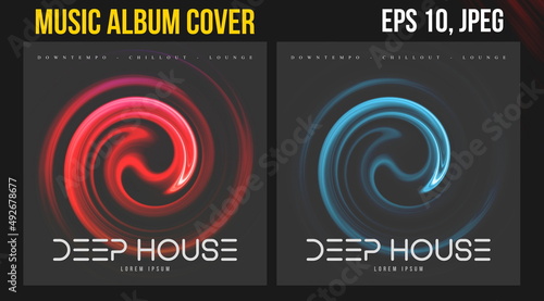 Music Album Cover Art. Abstract Vector Design of CD Cover and Vinyl Record. Electronic Music Album Presentation. Futuristic Color Visual Elements. Geometric Motion Background and Texture.