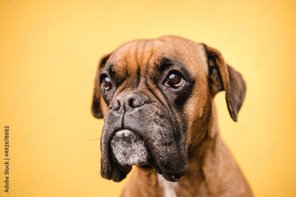 Close up view of a boxer dog looking away while standing over an isolated yellow background.