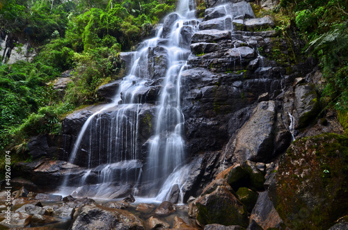 V  u da Noiva  Bridal Veil  waterfall surrounded by the lush subtropical montane rainforest of the lower sector of Itatiaia National Park  Itatiaia  Rio de Janeiro  Brazil
