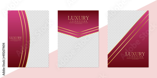 Abstract dark red luxury background with golden lines in paper cut style. Vector business card, poster or banner template set EPS10