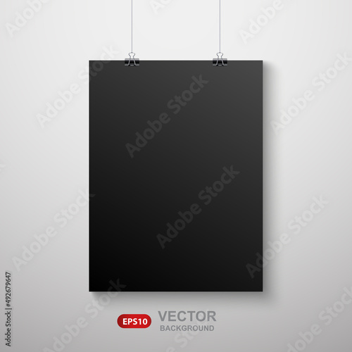 Vertical realistic poster mockup with black sheet of paper A4 on a rope. Vector background EPS10