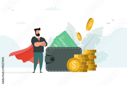 Successful businessman superhero near money purse with money. Vector illustration in modern cartoon style