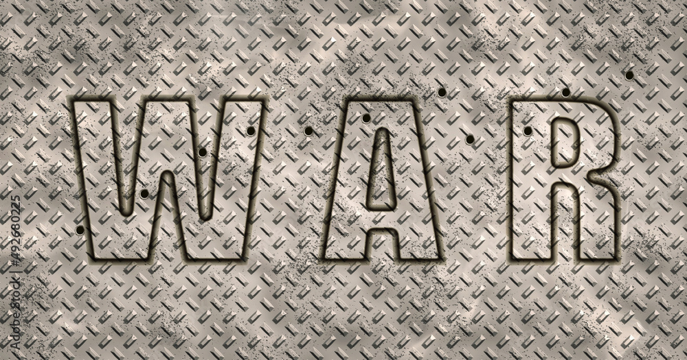Background texture in non-slip iron sheet with embossed war writing and bullet holes Background texture in non-slip iron sheet with embossed war writing and bullet holes