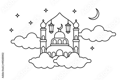 Islamic Illustration of Ramadan, Eid al Adha, Eid Mubarak, mawlid, Isra and Mi'raj, suitable for children to color