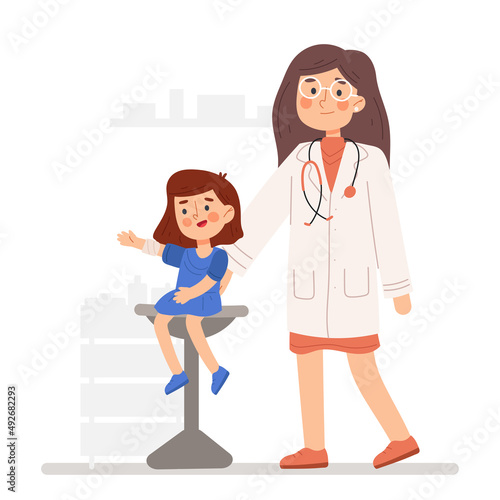 A podiatrist uses a bandage to help a girl. patient with a sore arm at appointment with doctor in medical office. orthopedist treats small child in hospital. children s doctor works with a patient