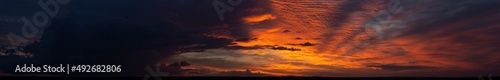 Landscape with bloody sunset. Panorama. Tragic gloomy sky. The last flashes of the sun on the storm clouds.